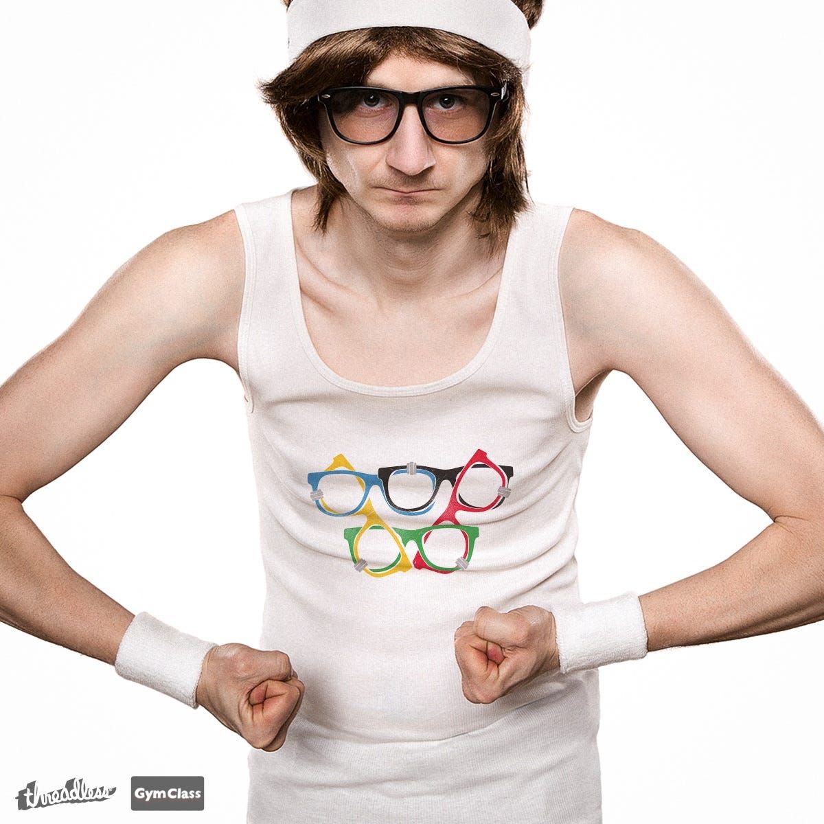 a nerd with a shirt on where the olympic logo is made out of nerd glasses